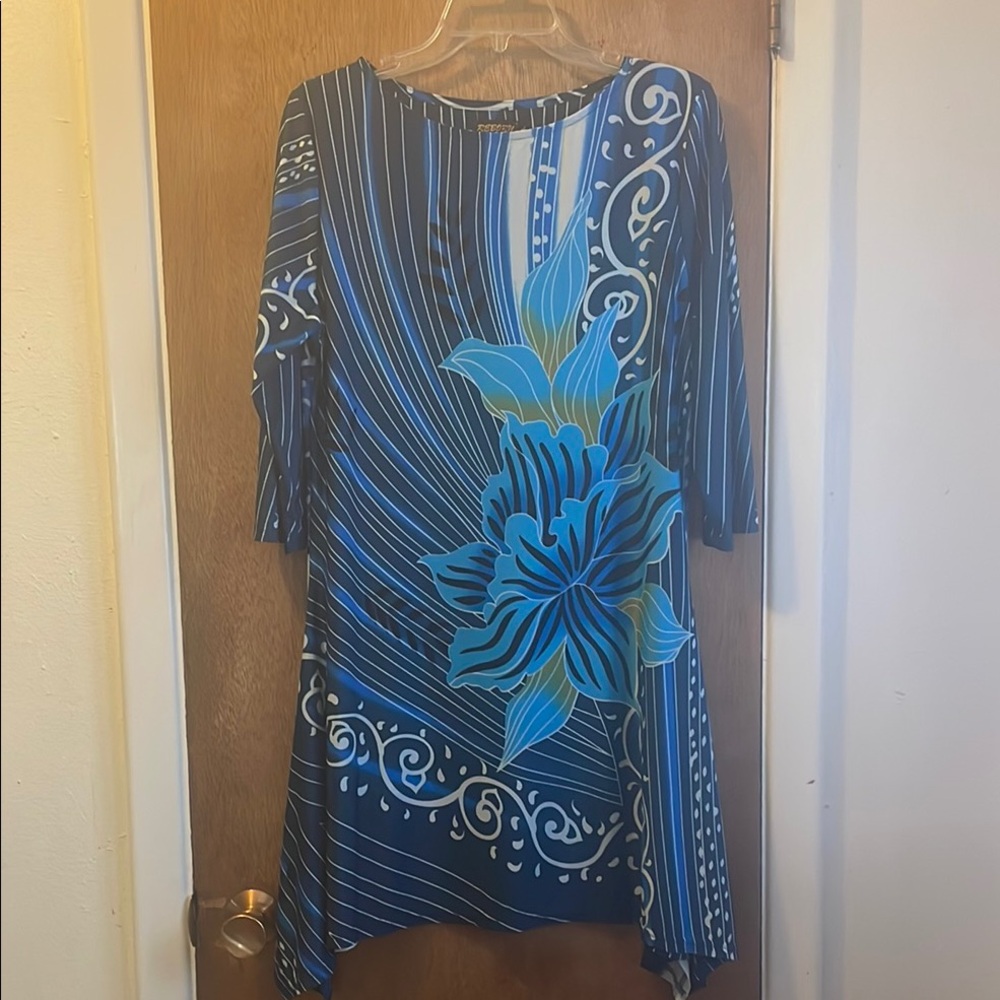 Reborn Blue Floral Women's Dress Sz L Universal 80, 90 or Y2K